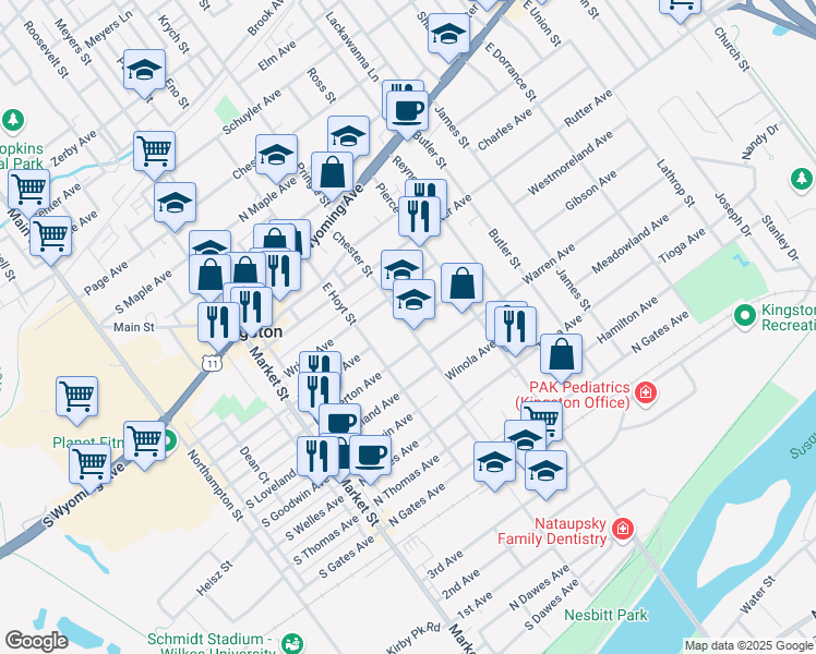 map of restaurants, bars, coffee shops, grocery stores, and more near 201 Chester Street in Kingston