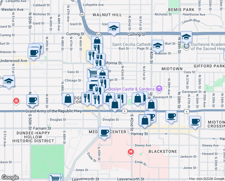 map of restaurants, bars, coffee shops, grocery stores, and more near 4339 Wakeley Street in Omaha