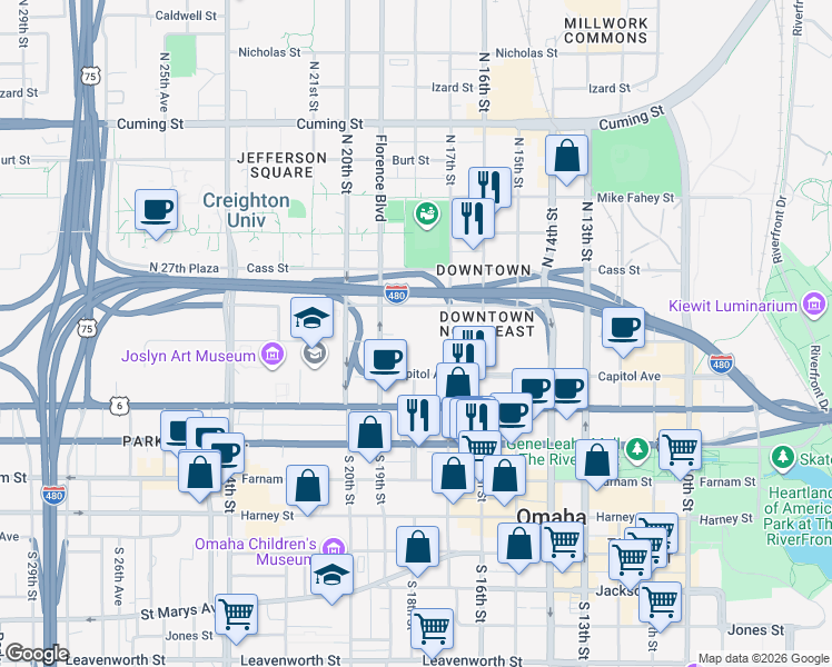 map of restaurants, bars, coffee shops, grocery stores, and more near 401 N 18th St in Omaha