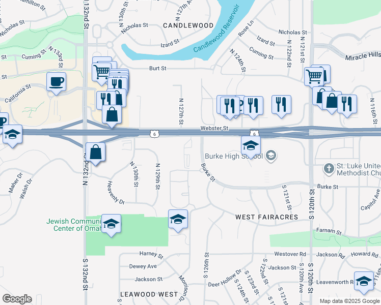 map of restaurants, bars, coffee shops, grocery stores, and more near 12727 West Dodge Road in Omaha
