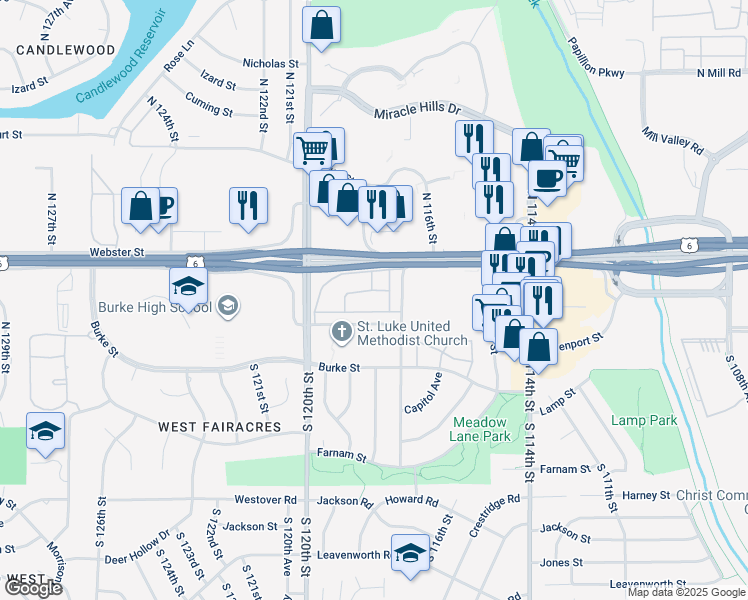 map of restaurants, bars, coffee shops, grocery stores, and more near 11766 Wakeley Plaza in Omaha