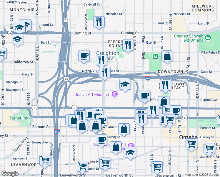 map of restaurants, bars, coffee shops, grocery stores, and more near 2222 Davenport Street in Omaha