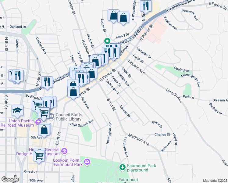 map of restaurants, bars, coffee shops, grocery stores, and more near 131 Platner Street in Council Bluffs