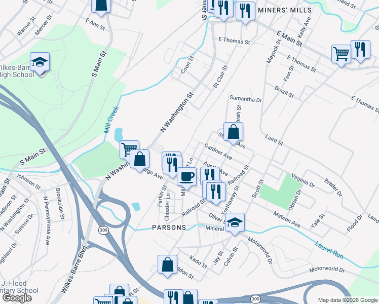 map of restaurants, bars, coffee shops, grocery stores, and more near 80 Austin Avenue in Wilkes-Barre