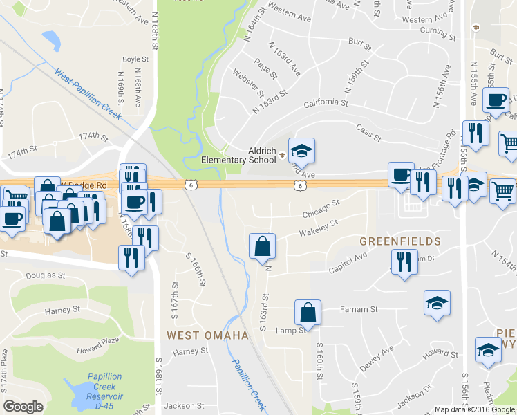 map of restaurants, bars, coffee shops, grocery stores, and more near 16338 Chicago Circle in Omaha