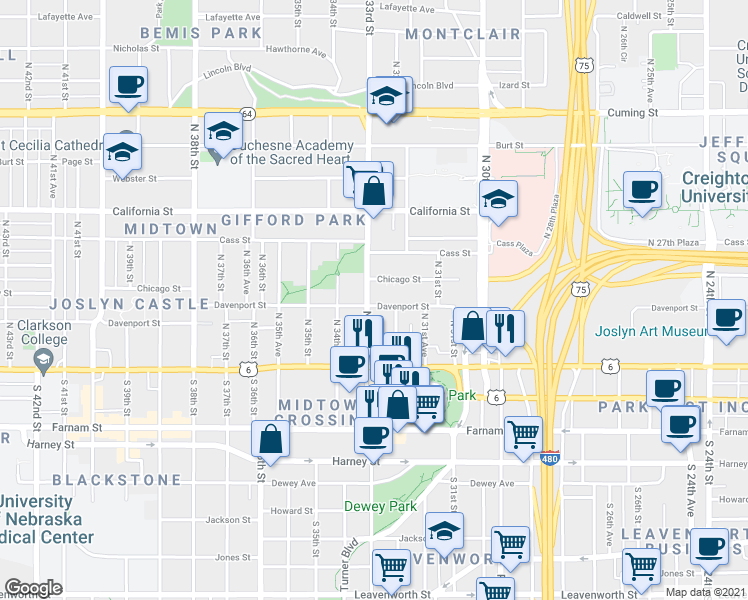 map of restaurants, bars, coffee shops, grocery stores, and more near 3270 Davenport Street in Omaha