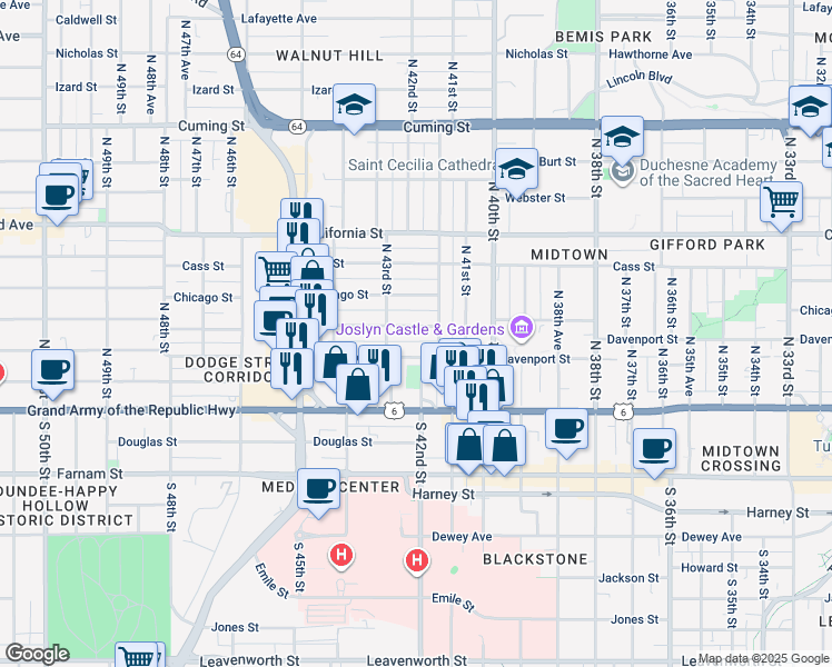 map of restaurants, bars, coffee shops, grocery stores, and more near 4167 Wakeley Street in Omaha