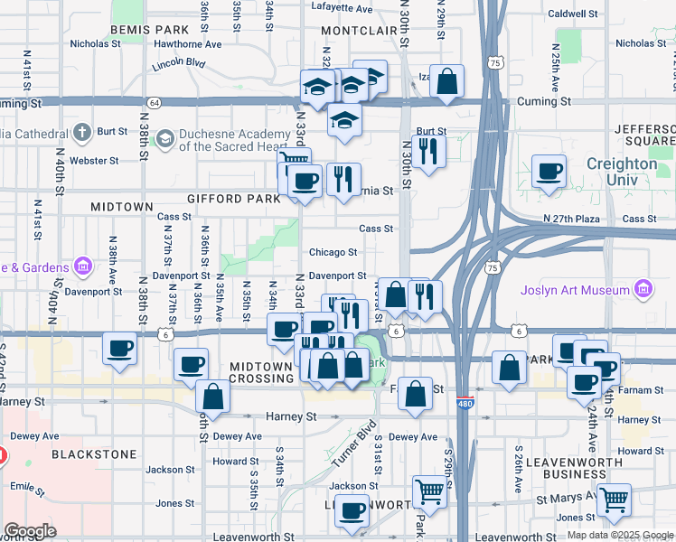 map of restaurants, bars, coffee shops, grocery stores, and more near 3166 Davenport Street in Omaha