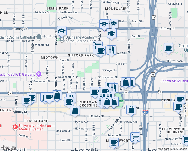 map of restaurants, bars, coffee shops, grocery stores, and more near 3320 Davenport Street in Omaha