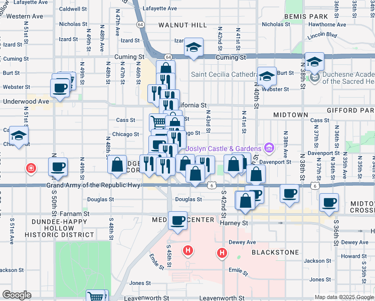 map of restaurants, bars, coffee shops, grocery stores, and more near 4339 Wakeley Street in Omaha