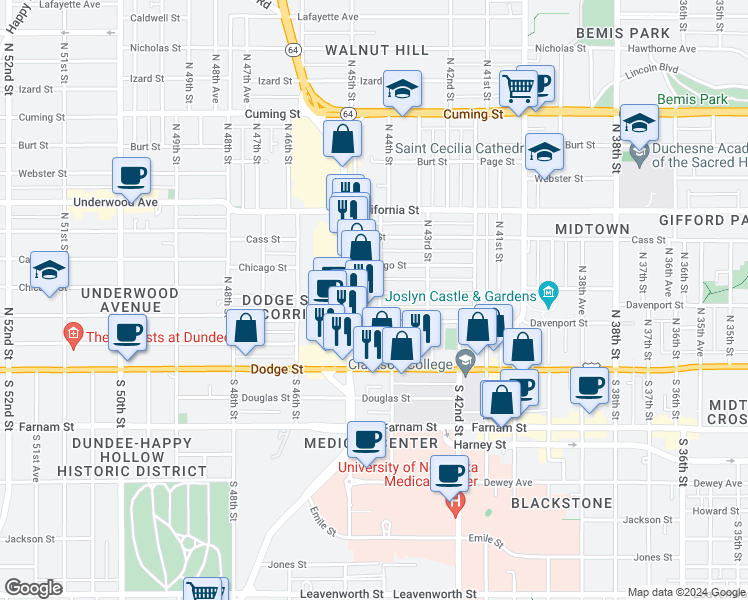 map of restaurants, bars, coffee shops, grocery stores, and more near 4339 Wakeley Street in Omaha