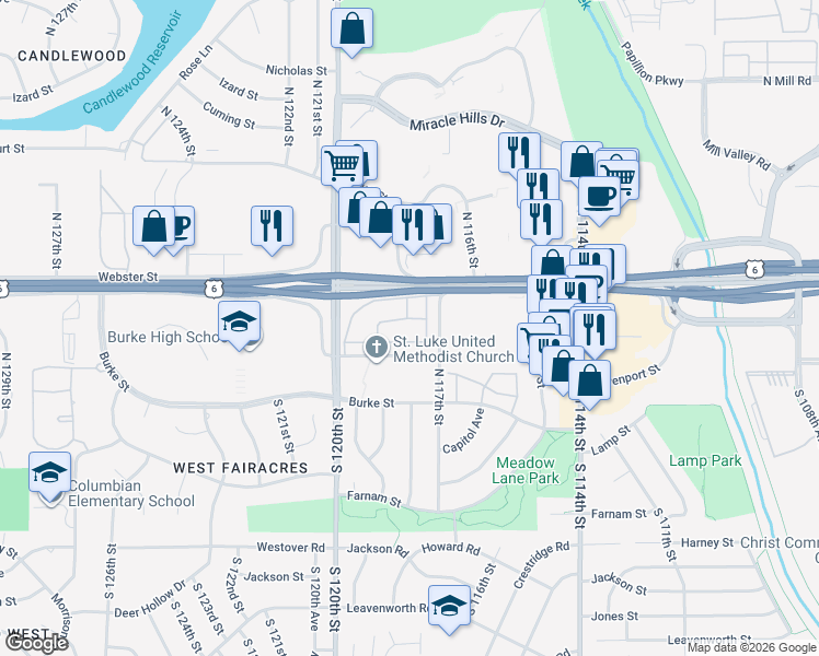 map of restaurants, bars, coffee shops, grocery stores, and more near 11766 Wakeley Plaza in Omaha