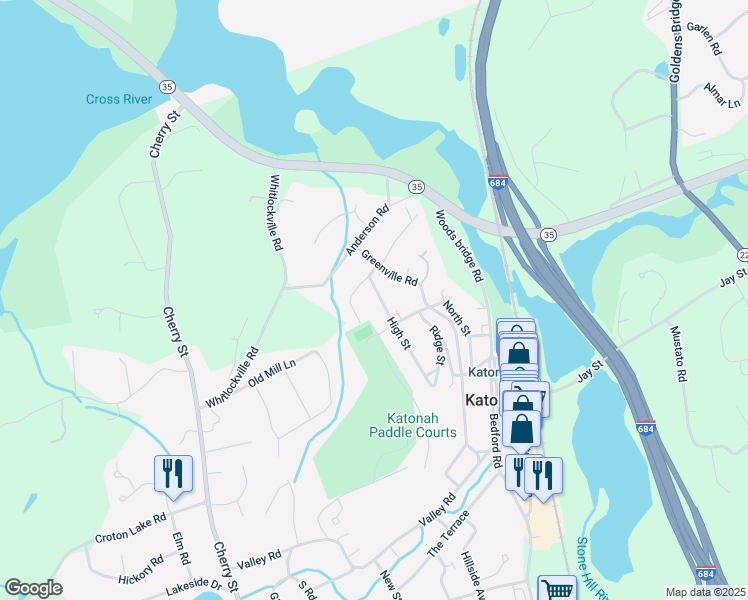 map of restaurants, bars, coffee shops, grocery stores, and more near 50 High Street in Katonah