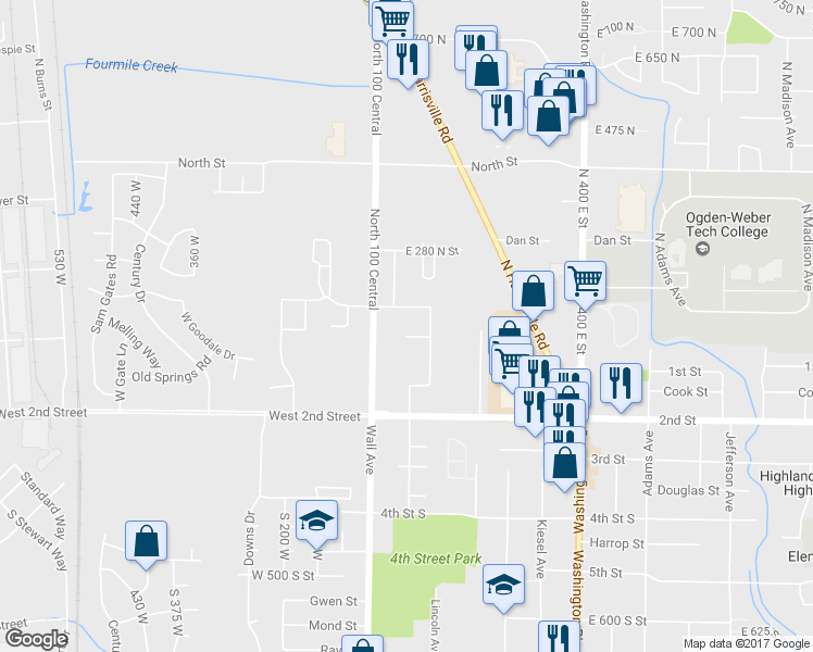 map of restaurants, bars, coffee shops, grocery stores, and more near 148 East 125 North in Ogden