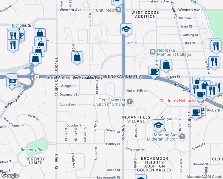 map of restaurants, bars, coffee shops, grocery stores, and more near 324 North 91st Street in Omaha
