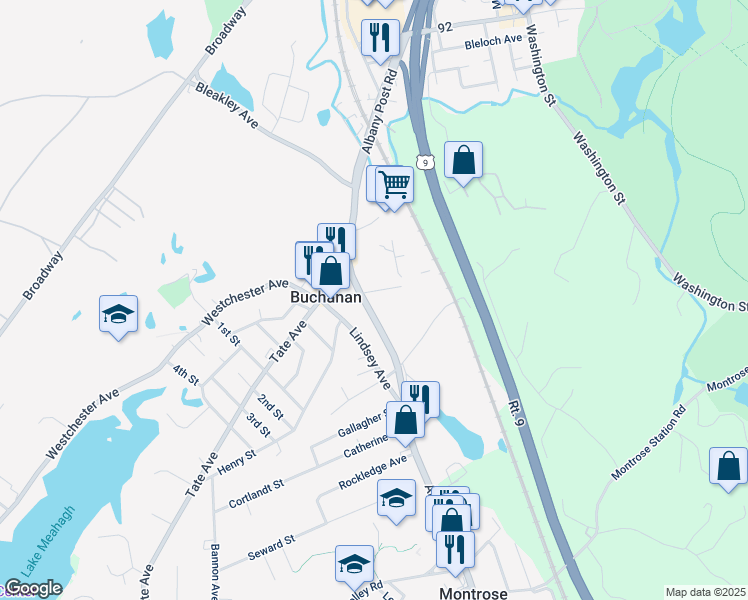 map of restaurants, bars, coffee shops, grocery stores, and more near 3167 Albany Post Road in Buchanan