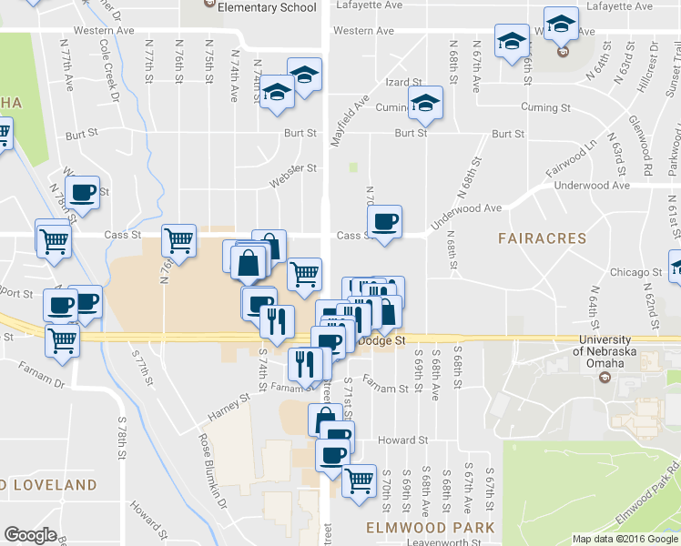 map of restaurants, bars, coffee shops, grocery stores, and more near 319 N 72nd St in Omaha