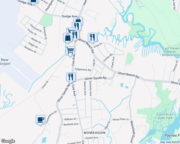 map of restaurants, bars, coffee shops, grocery stores, and more near 12 Edgemere Road in East Haven