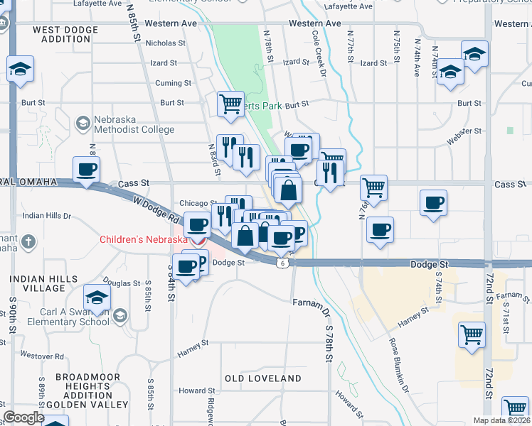 map of restaurants, bars, coffee shops, grocery stores, and more near 7820 Wakeley Plaza in Omaha