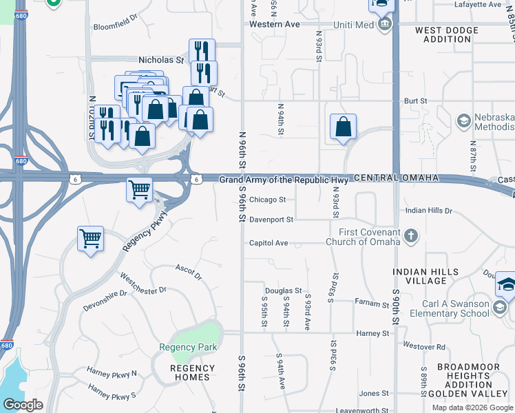 map of restaurants, bars, coffee shops, grocery stores, and more near 9519 Chicago Street in Omaha