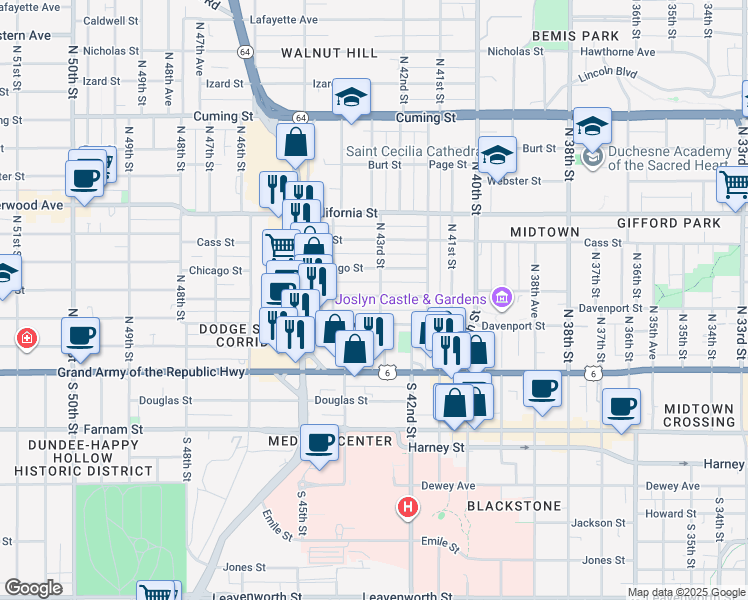 map of restaurants, bars, coffee shops, grocery stores, and more near 322 North 43rd Street in Omaha