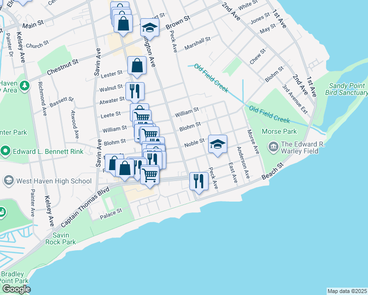 map of restaurants, bars, coffee shops, grocery stores, and more near 141 Washington Avenue in West Haven