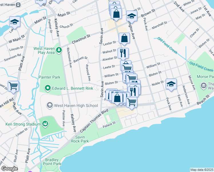 map of restaurants, bars, coffee shops, grocery stores, and more near 452 Blohm Street in West Haven
