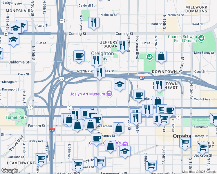 map of restaurants, bars, coffee shops, grocery stores, and more near 2224 Davenport Street in Omaha