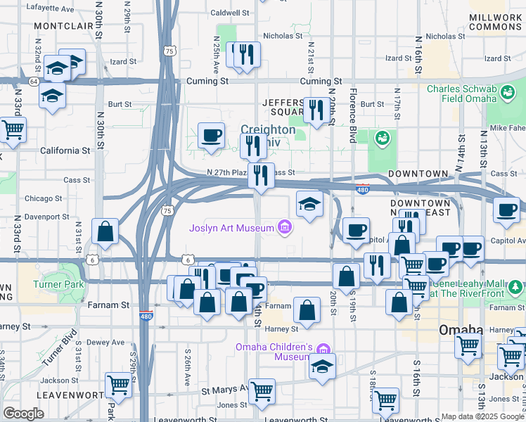 map of restaurants, bars, coffee shops, grocery stores, and more near 2224 Davenport Street in Omaha