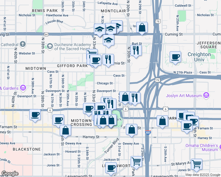map of restaurants, bars, coffee shops, grocery stores, and more near 3166 Davenport Street in Omaha
