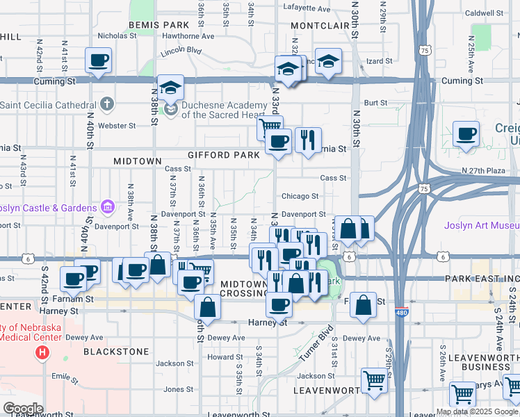 map of restaurants, bars, coffee shops, grocery stores, and more near 3320 Davenport Street in Omaha