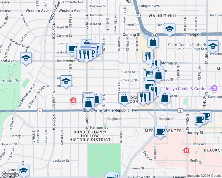 map of restaurants, bars, coffee shops, grocery stores, and more near 4811 Chicago Street in Omaha