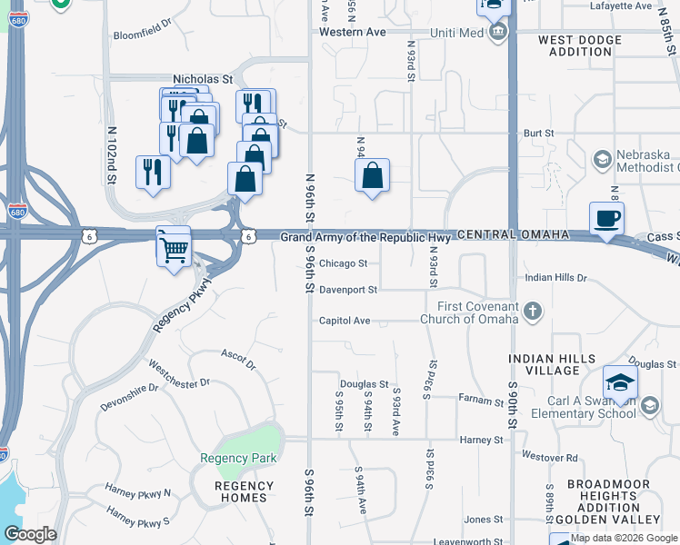 map of restaurants, bars, coffee shops, grocery stores, and more near 9429 Chicago Street in Omaha