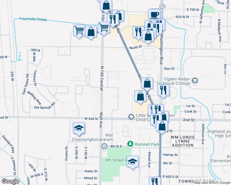 map of restaurants, bars, coffee shops, grocery stores, and more near 143 North 150 West Street in Ogden