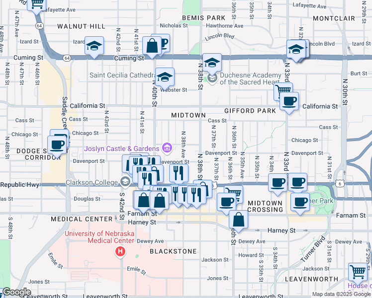 map of restaurants, bars, coffee shops, grocery stores, and more near 323 North 38th Avenue in Omaha