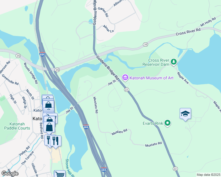 map of restaurants, bars, coffee shops, grocery stores, and more near 66 Barrett Road in Katonah