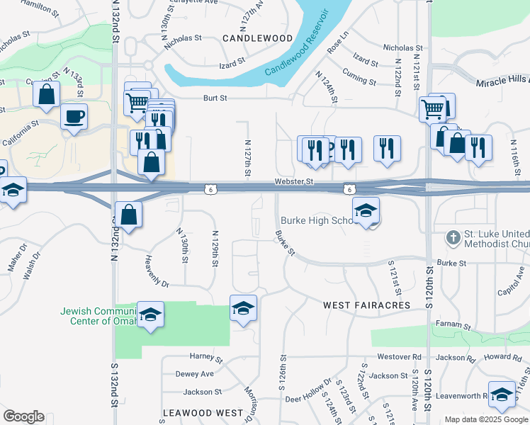 map of restaurants, bars, coffee shops, grocery stores, and more near 12727 West Dodge Road in Omaha