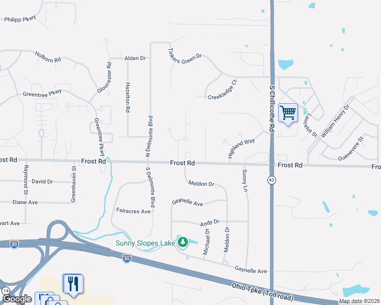map of restaurants, bars, coffee shops, grocery stores, and more near 1143 Frost Road in Streetsboro