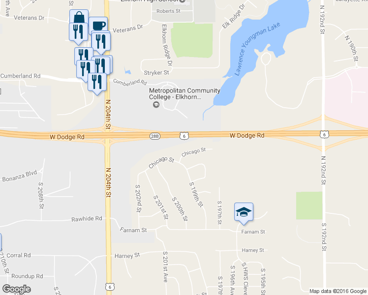 map of restaurants, bars, coffee shops, grocery stores, and more near 19864 Chicago Street in Omaha
