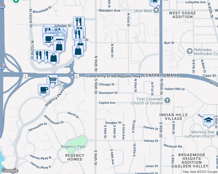 map of restaurants, bars, coffee shops, grocery stores, and more near 9429 Chicago Street in Omaha