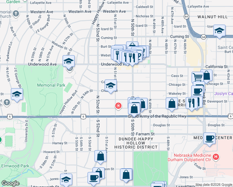 map of restaurants, bars, coffee shops, grocery stores, and more near 315 North 51st Street in Omaha