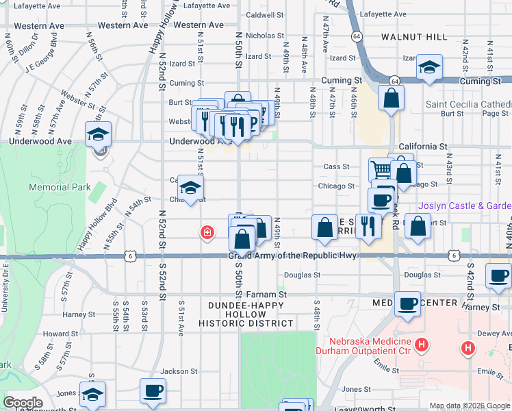 map of restaurants, bars, coffee shops, grocery stores, and more near 4919 Chicago Street in Omaha