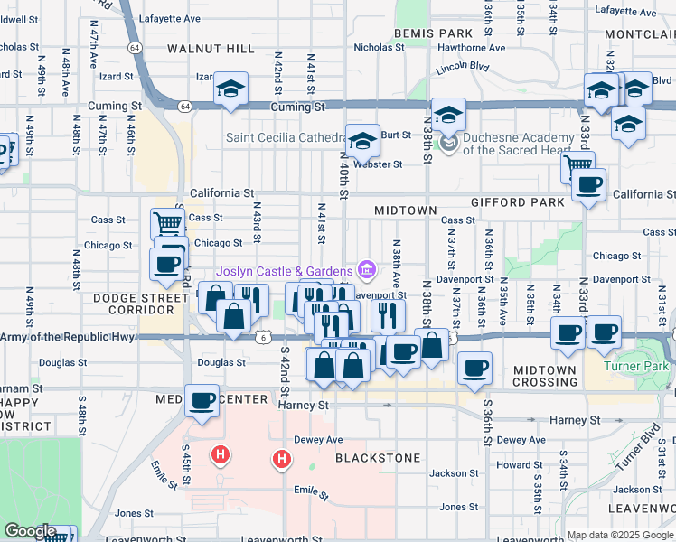 map of restaurants, bars, coffee shops, grocery stores, and more near 6 North 40th Street in Omaha