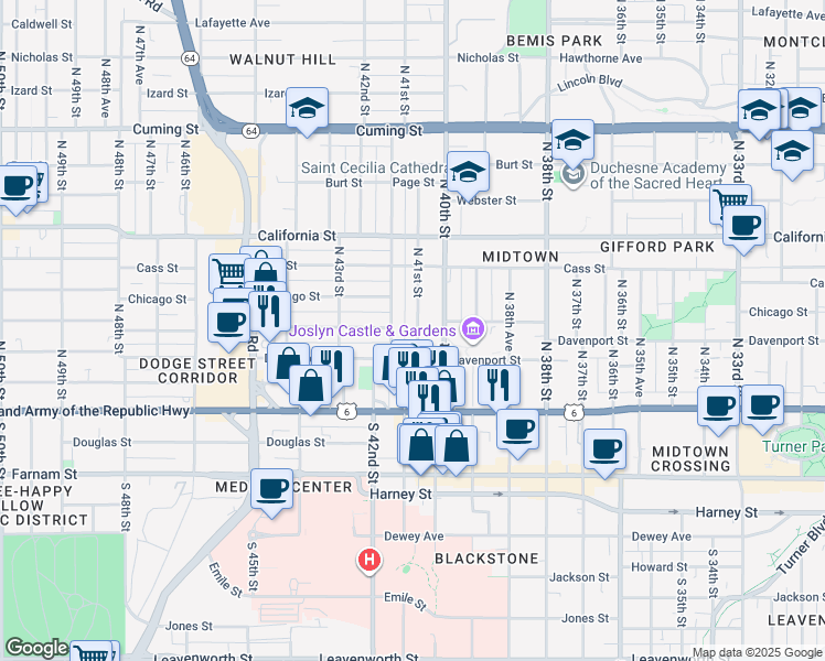 map of restaurants, bars, coffee shops, grocery stores, and more near 322 North 41st Street in Omaha
