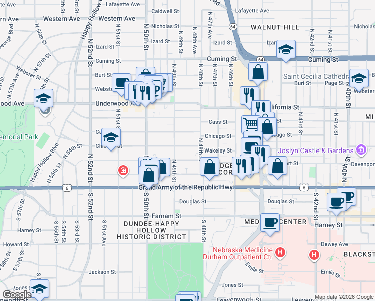 map of restaurants, bars, coffee shops, grocery stores, and more near 4811 Chicago Street in Omaha
