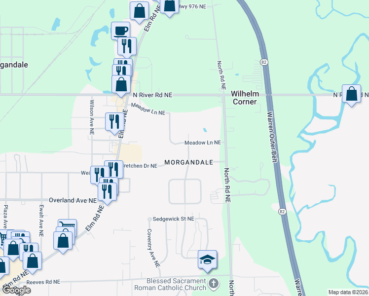 map of restaurants, bars, coffee shops, grocery stores, and more near 3120 Meadow Lane Northeast in Warren