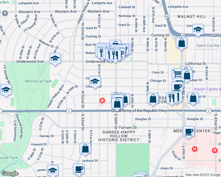 map of restaurants, bars, coffee shops, grocery stores, and more near 5007 Chicago Street in Omaha