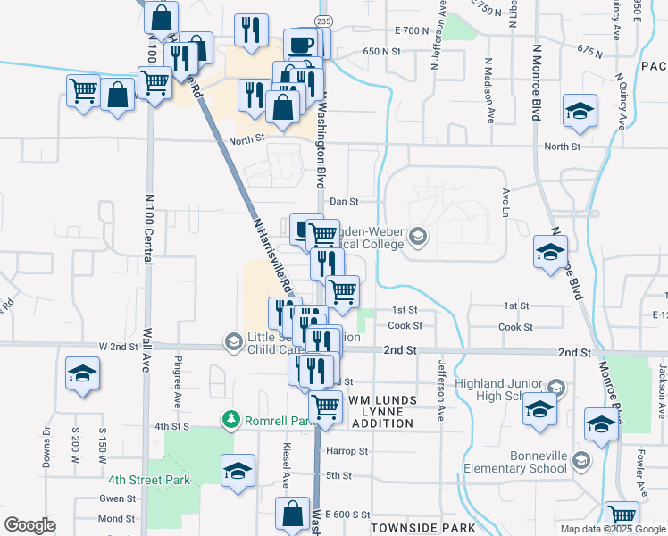 map of restaurants, bars, coffee shops, grocery stores, and more near 150 North Washington Boulevard in Ogden
