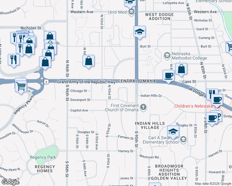 map of restaurants, bars, coffee shops, grocery stores, and more near 318 North 92nd Street in Omaha
