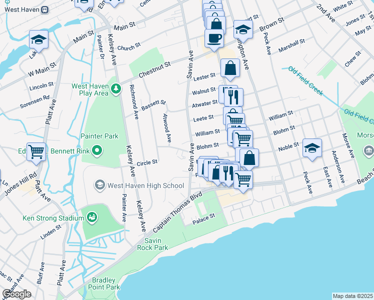 map of restaurants, bars, coffee shops, grocery stores, and more near 7 Graham Manor Road in West Haven